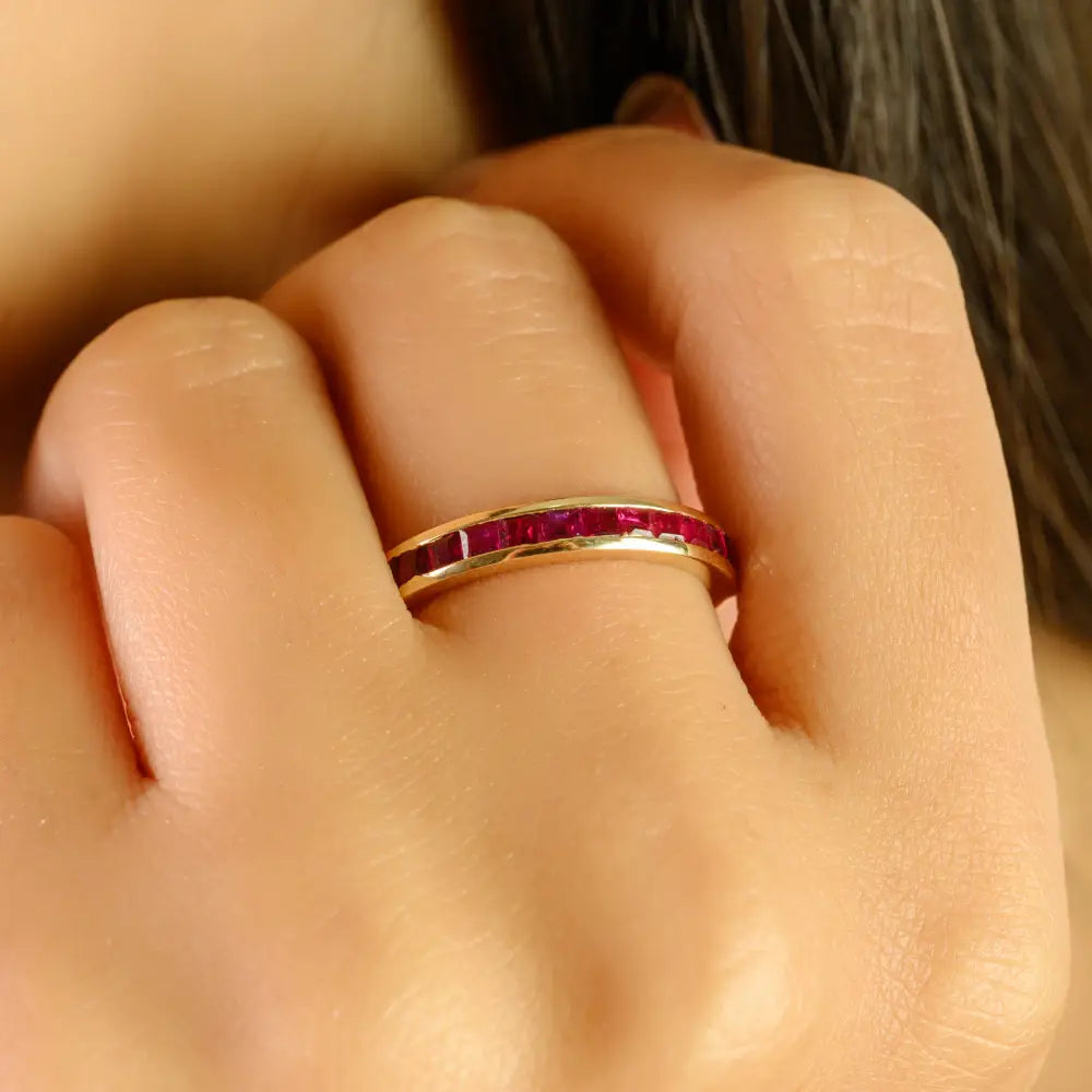 Channel Set Genuine Ruby Half Eternity Band Ring 14K Yellow Gold Stackable Handmade Jewelry