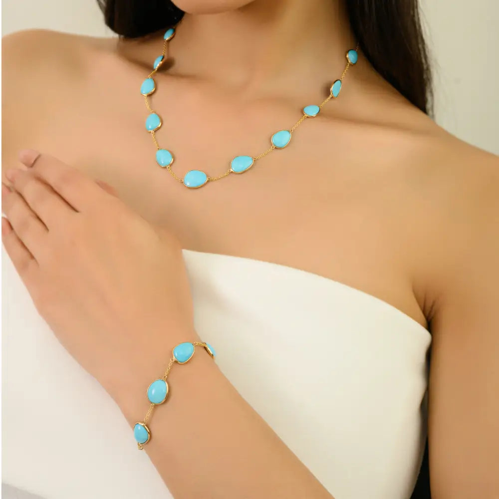 Bezel Set Turquoise Gemstone Station Chain Necklace Stacking Jewelry 14K Solid Yellow Gold