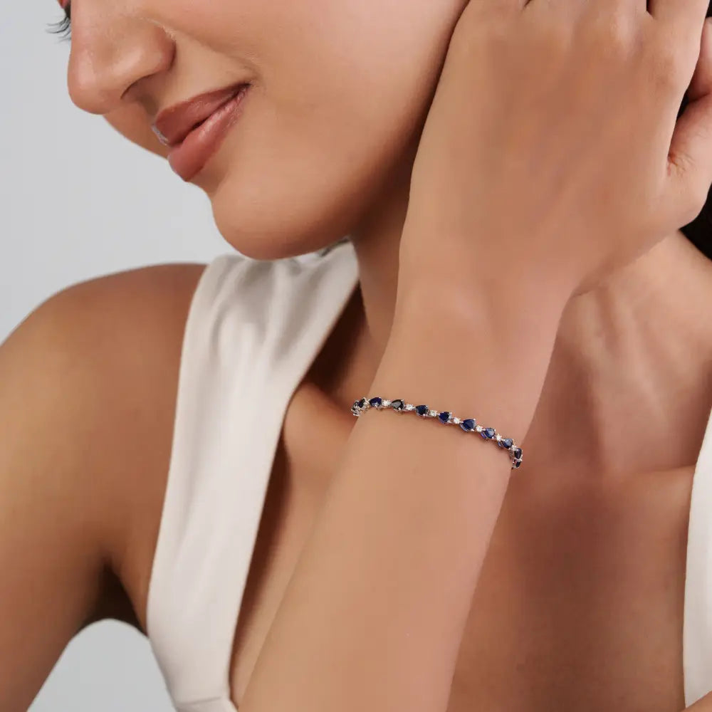 Elegant Classic Style Blue Sapphire & Diamond Stacking Tennis Bracelet Solid K14 White Gold