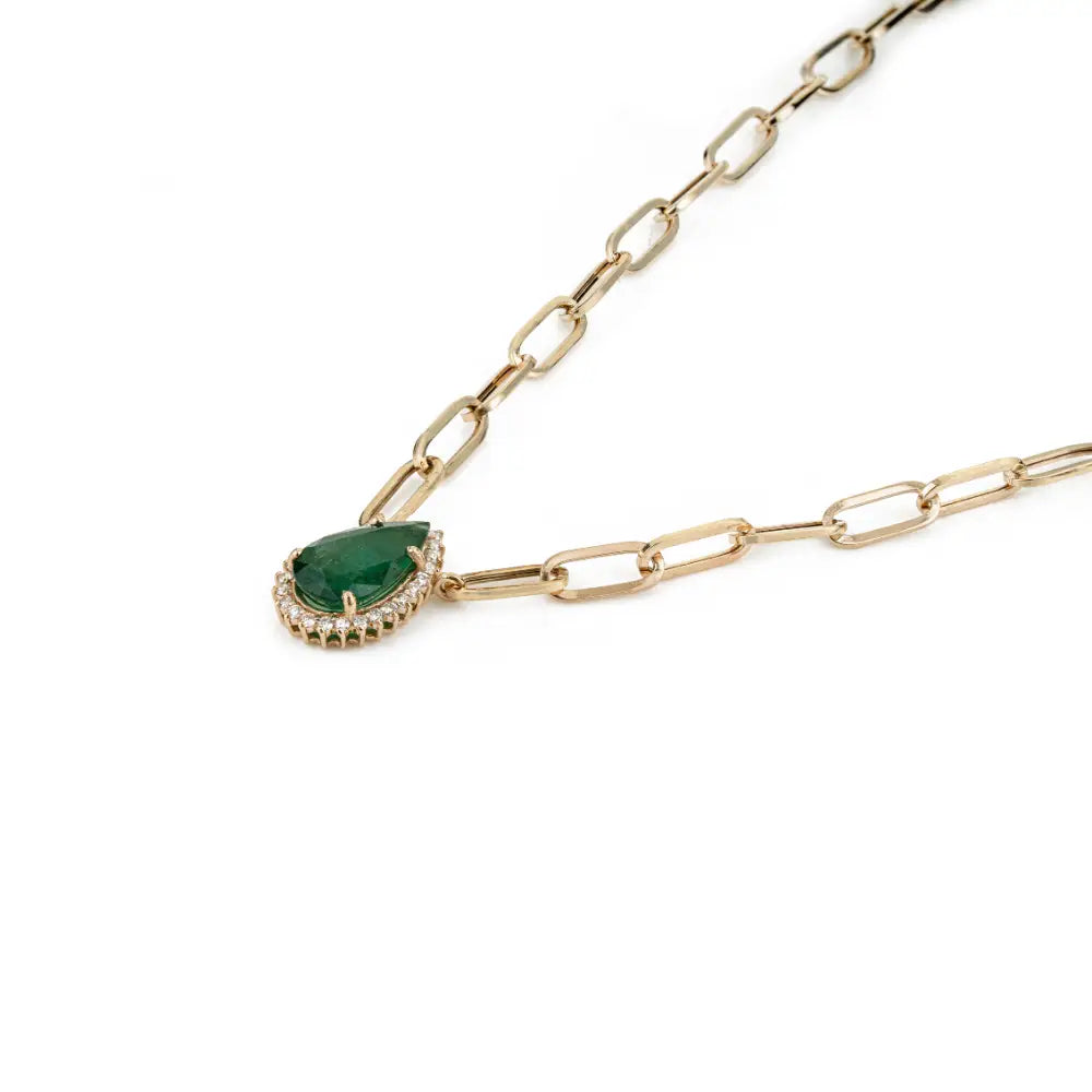 K14 Yellow Gold Emerald & Diamond Paperclip Chain Pear Shape Cluster Pendant Necklace