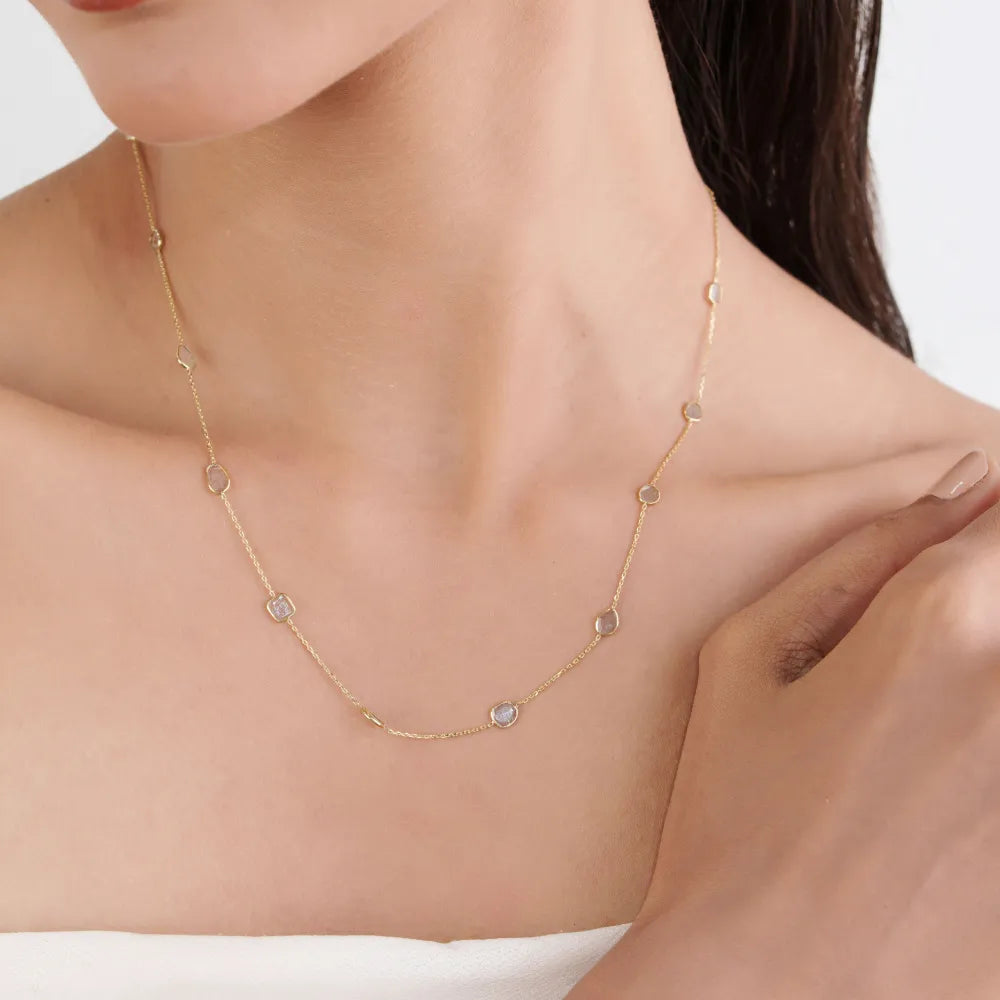 Uneven Cut Natural Polki Diamond K14 Yellow Gold Station Necklace Fine Everyday Jewelry Manufacturer