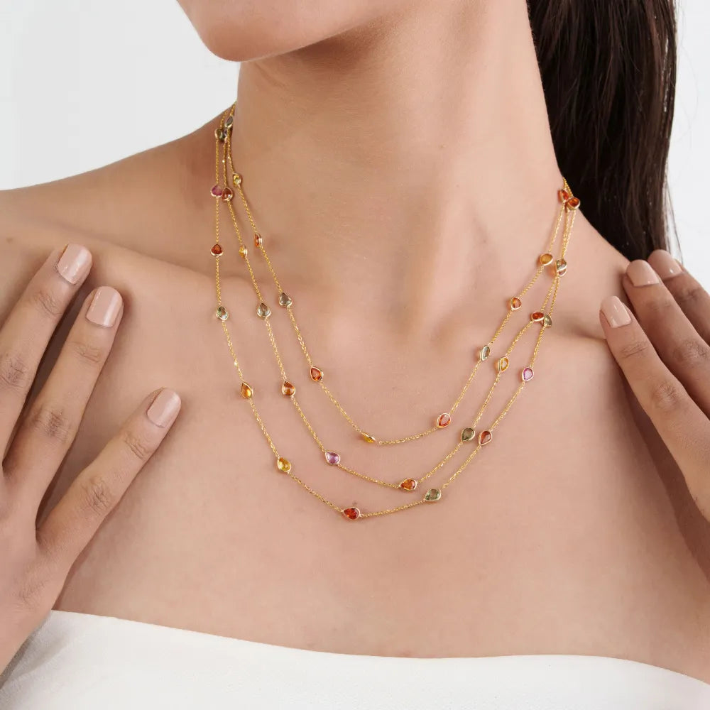 Colorful Gemstone Multi Sapphire Solid K18 Yellow Gold Triple Layer Station Chain Necklace Wedding Jewelry