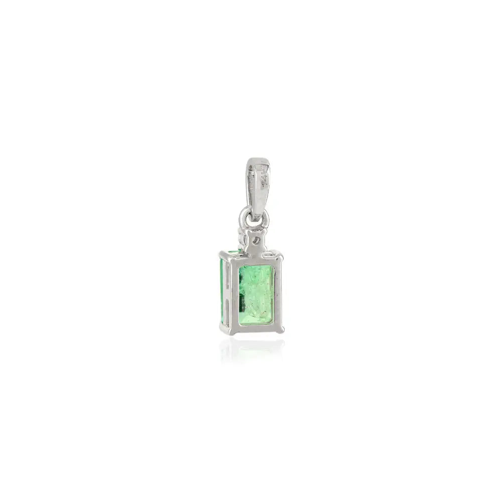 Real 14K White Gold 5x7mm Octagon Cut Emerald & Diamond Minimal Pendant For Unisex
