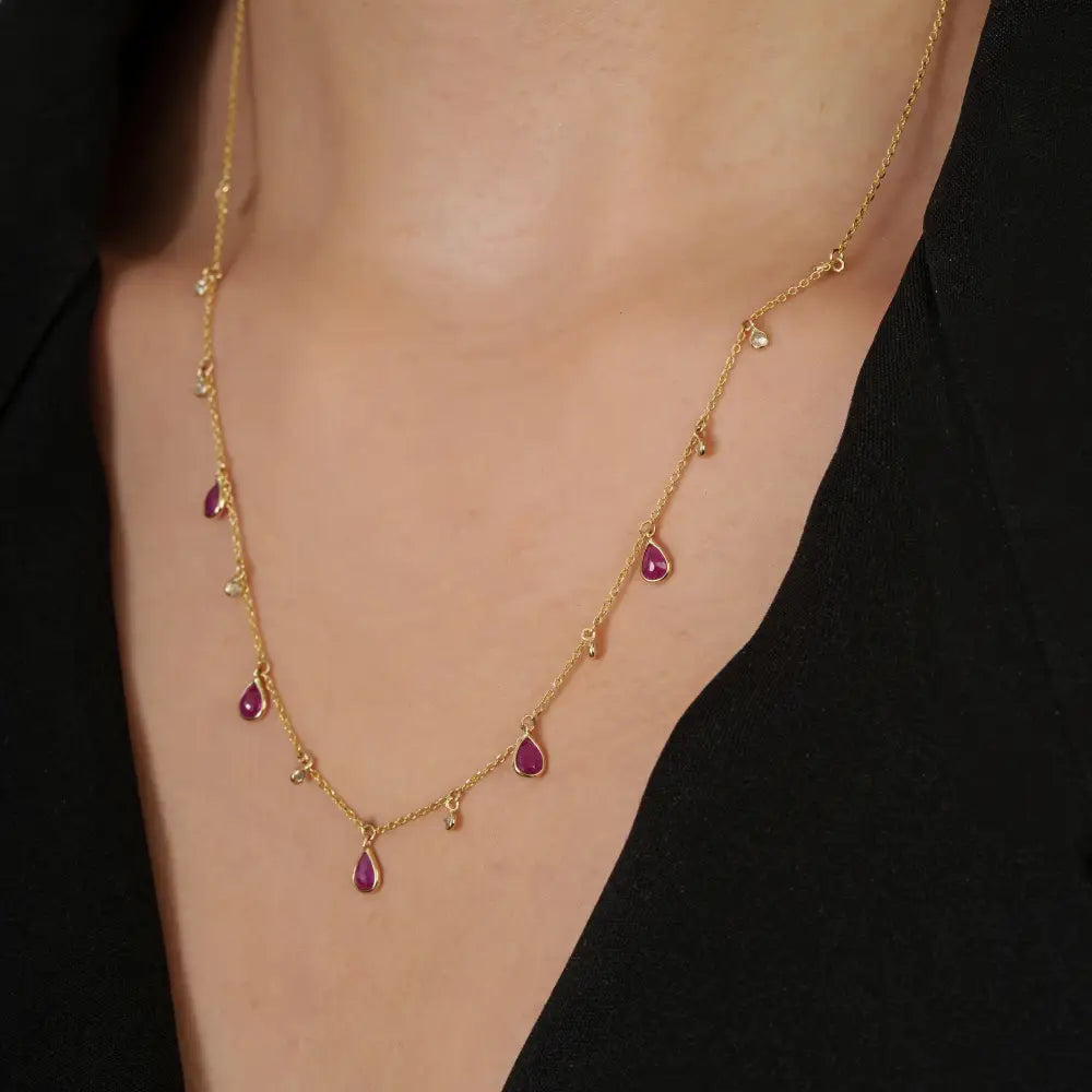 Latest Design Elegant Ruby & Diamond 14K Yellow Gold Charm Chain Necklace For Women