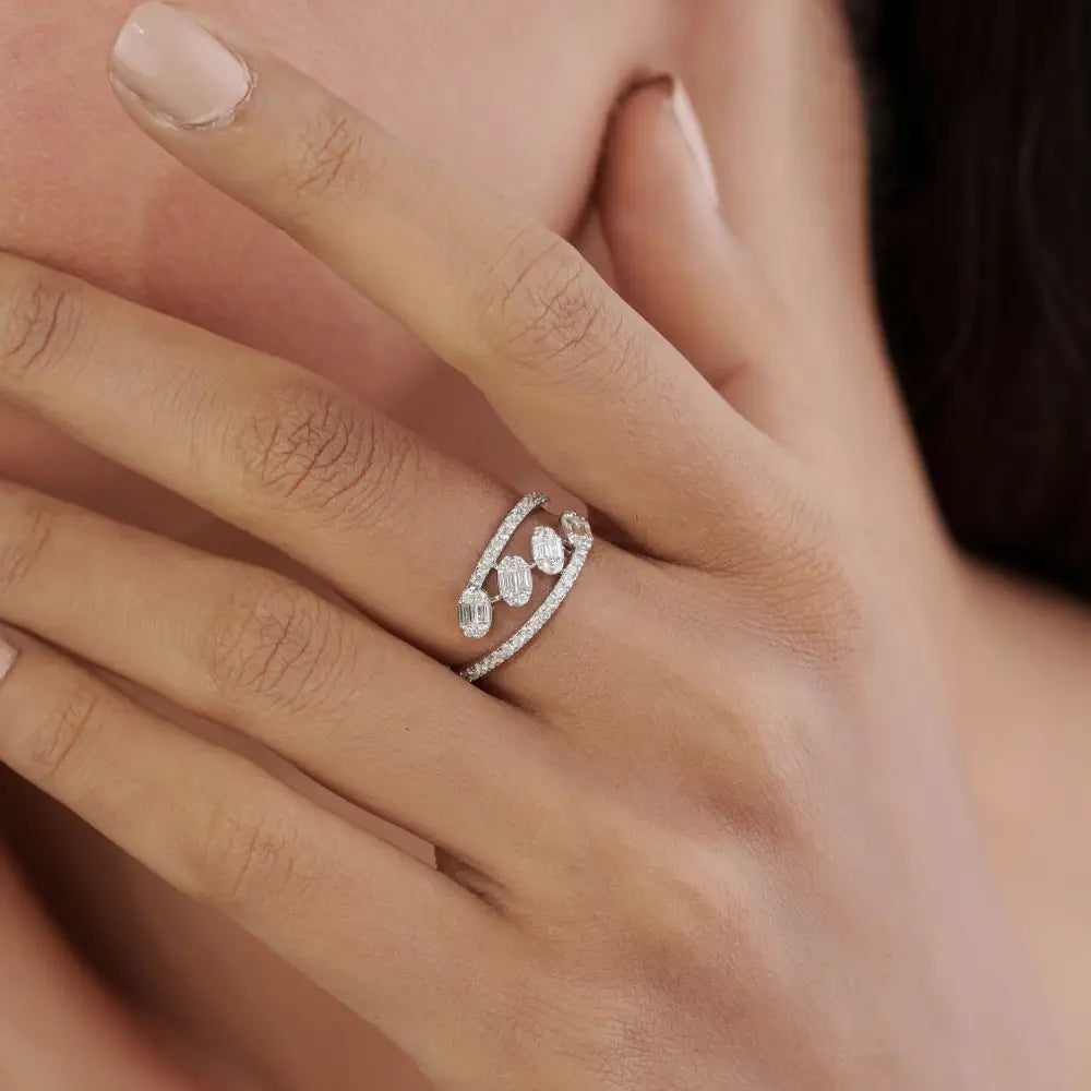 Handmade Fine Natural Diamond 18K White Gold Bypass Style Statement Ring Custom Jewelry