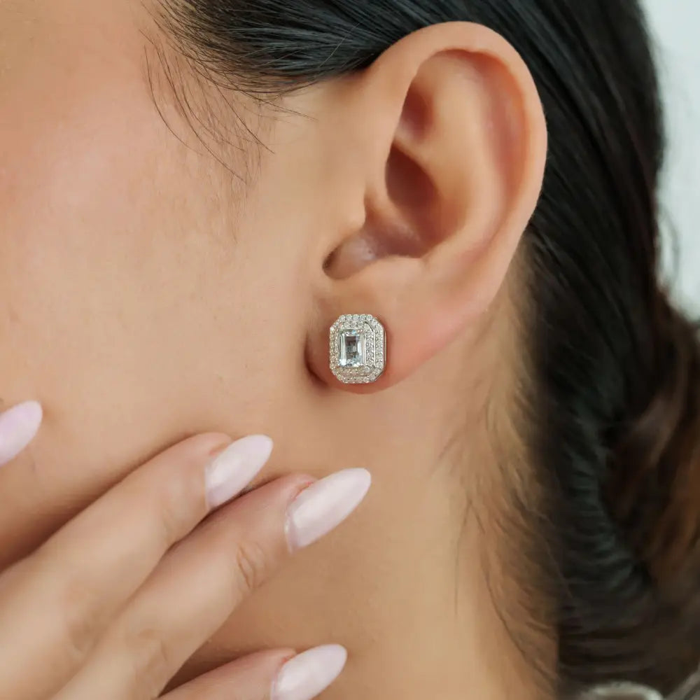 Prong Set Aquamarine & Diamond Double Cluster Stud Earrings Handmade 14K Real White Gold