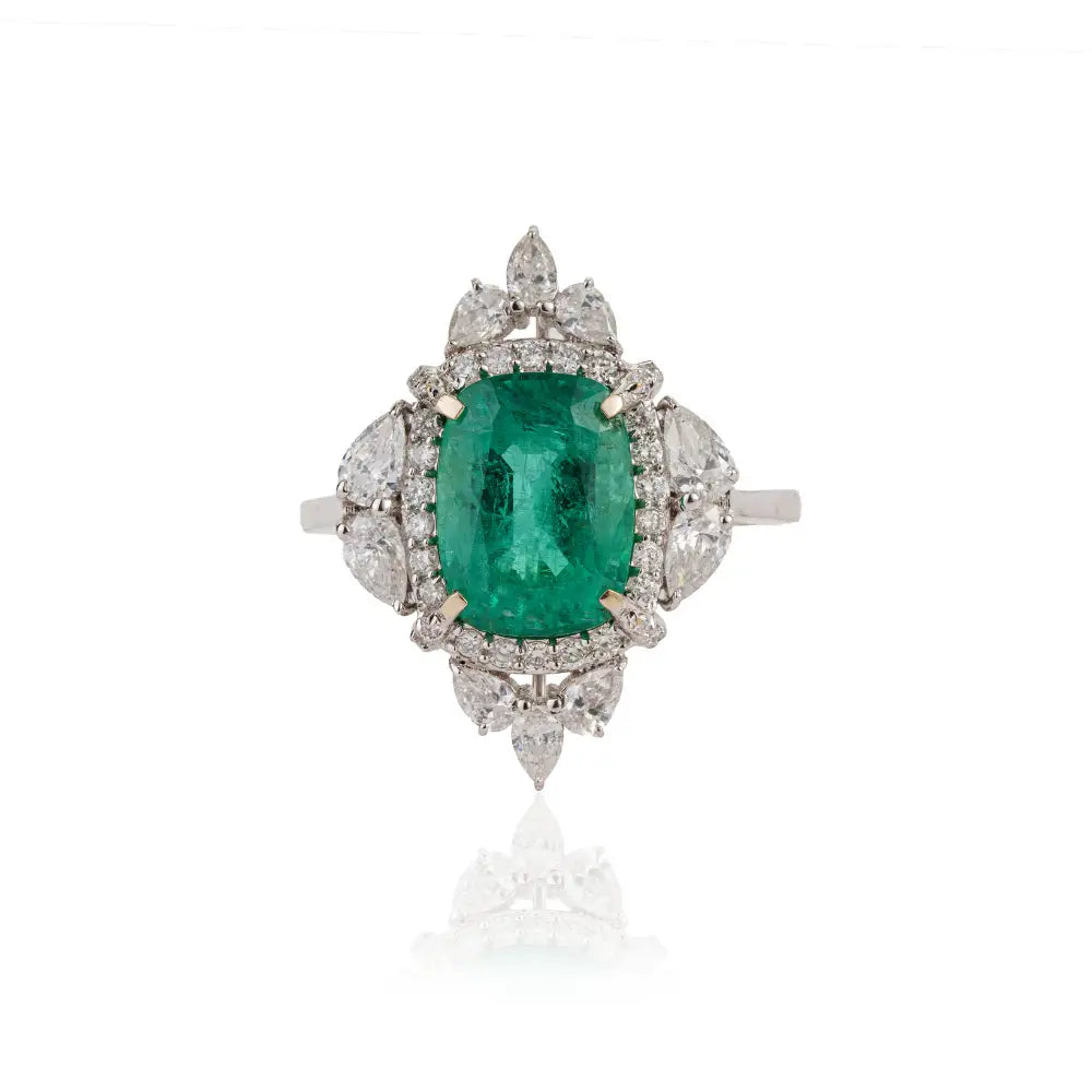 Vintage Inspired 18K Real White Gold Emerald & Diamond Statement Ring For Bridal Jewelry
