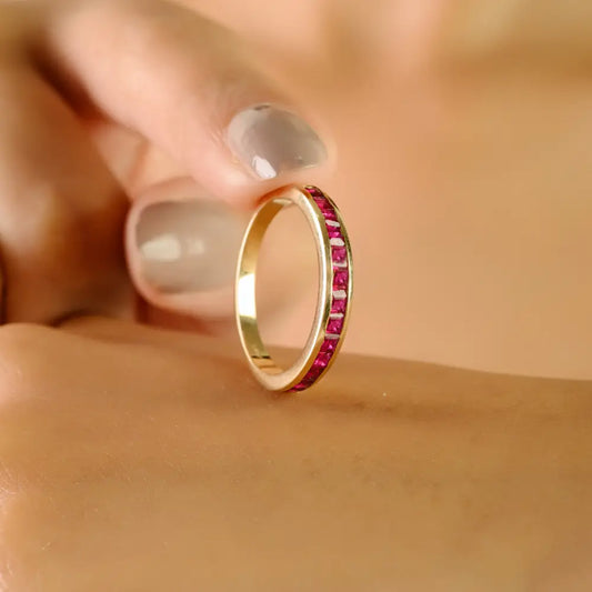 Channel Set Genuine Ruby Half Eternity Band Ring 14K Yellow Gold Stackable Handmade Jewelry