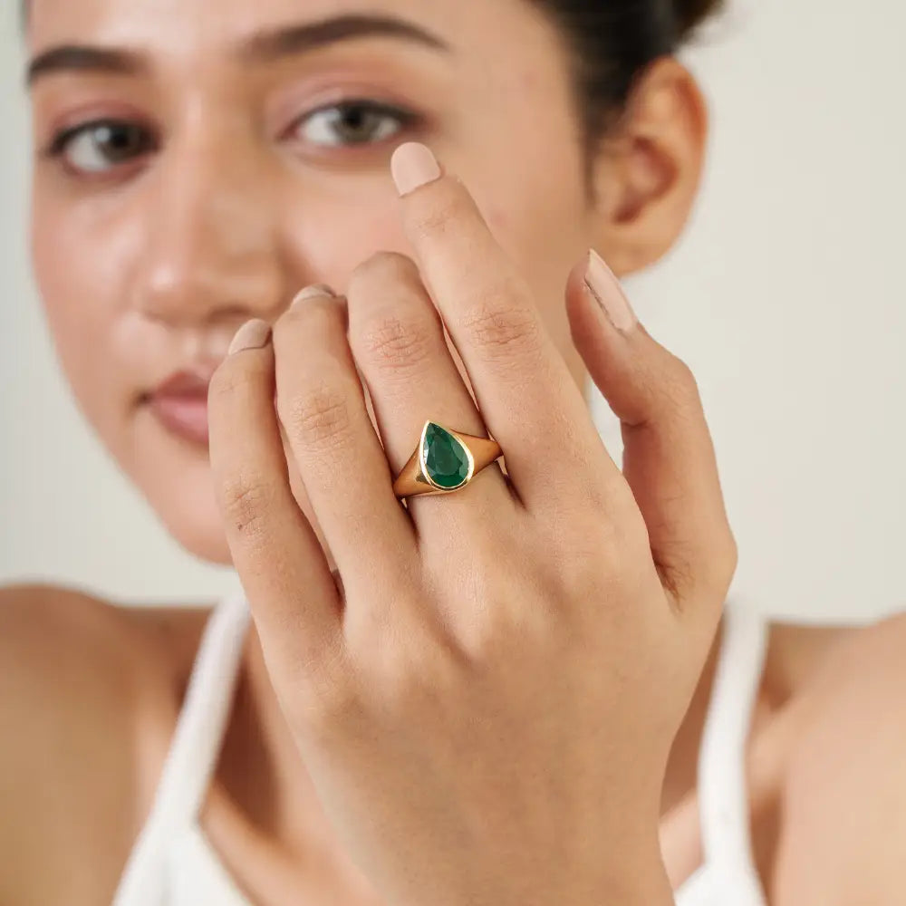 Custom Design K18 Yellow Gold Real Emerald Statement Chunky Ring For Men's Jewelry