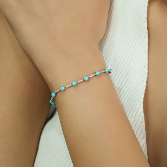 Fine Turquoise & Diamond Sleek Stacking Tennis Bracelet For Unisex 14K White Gold Jewelry