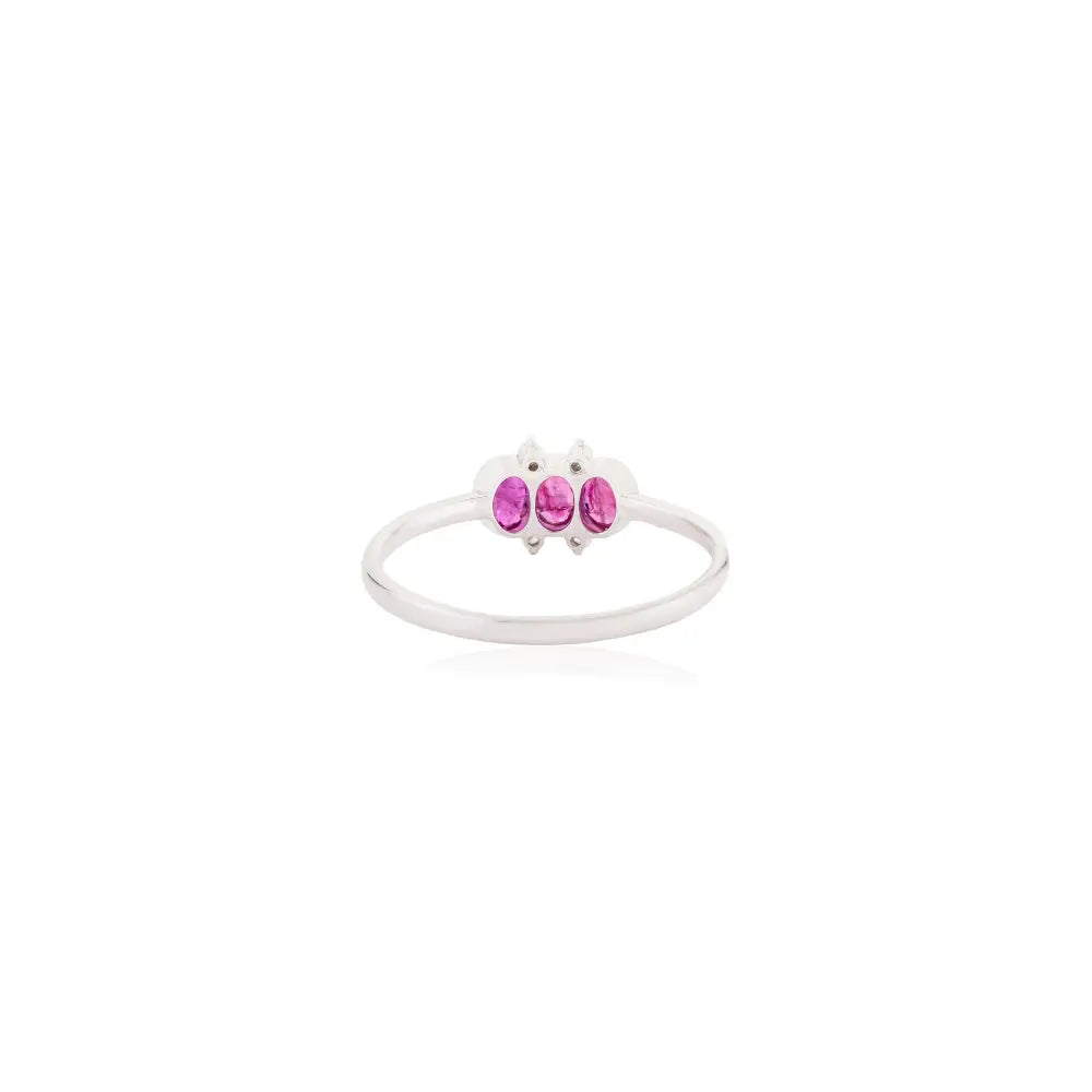 Minimal Elegant Ruby & Diamond 14K Real White Gold Three Stone Ring Women Gift Jewelry