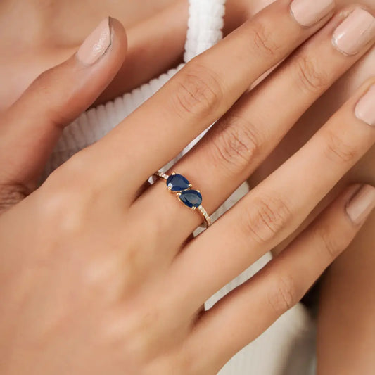 Elegant Design Blue Sapphire & Diamond Stacking Gemstone Ring 14K Yellow Gold Trendy Jewelry