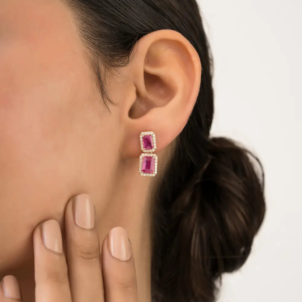 Latest Design 14K Solid Yellow Gold Ruby & Diamond Halo Drop Earrings Anniversary Gift