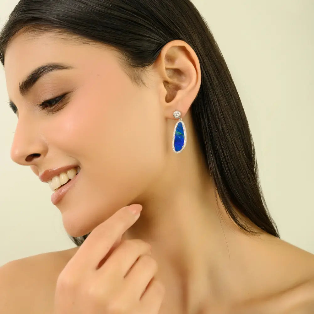 Australian Opal & Diamond 14K Real White Gold Drop Earrings Women Wedding Jewelry