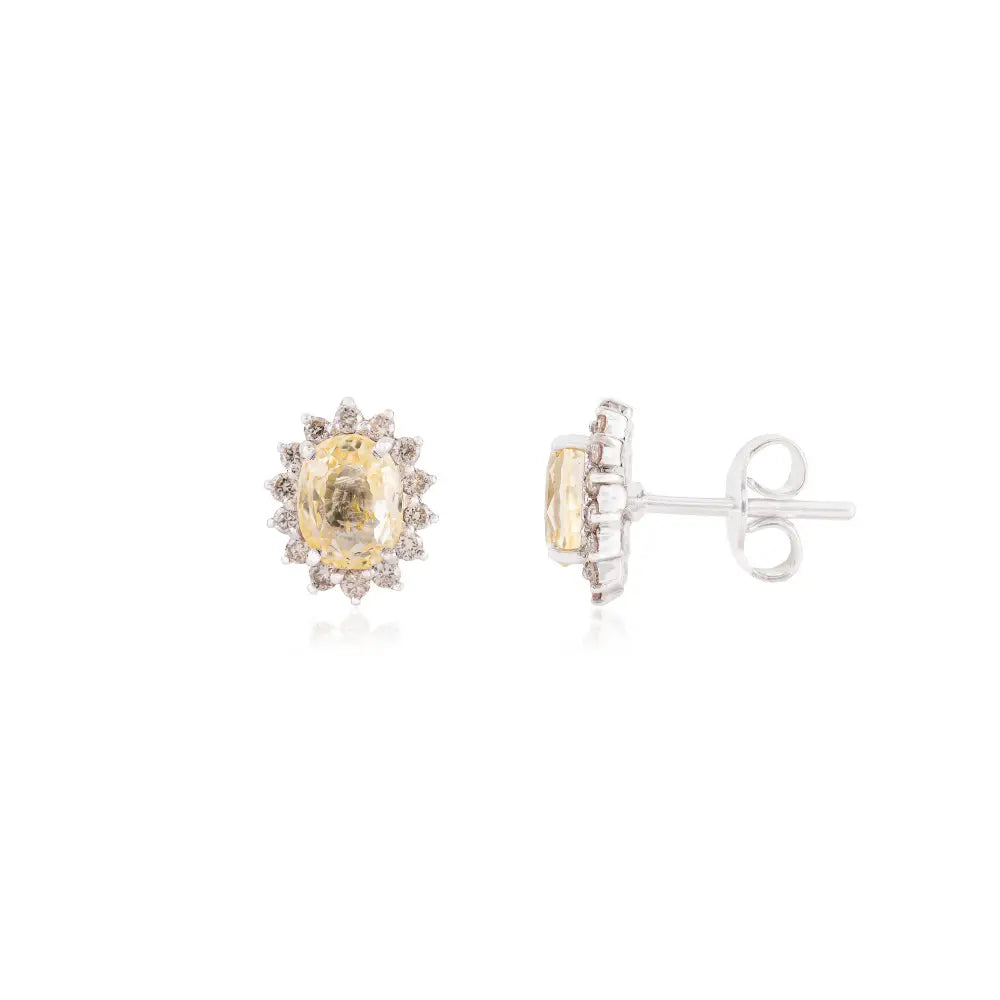 14K Real White Gold Yellow Sapphire & Diamond Women Cluster Stud Earrings Fine Jewelry