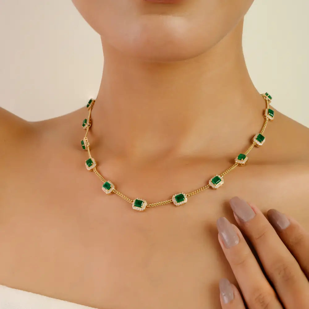 14K Real Yellow Gold Emerald & Diamond Cuban Link Chain Halo Station Necklace For Wedding