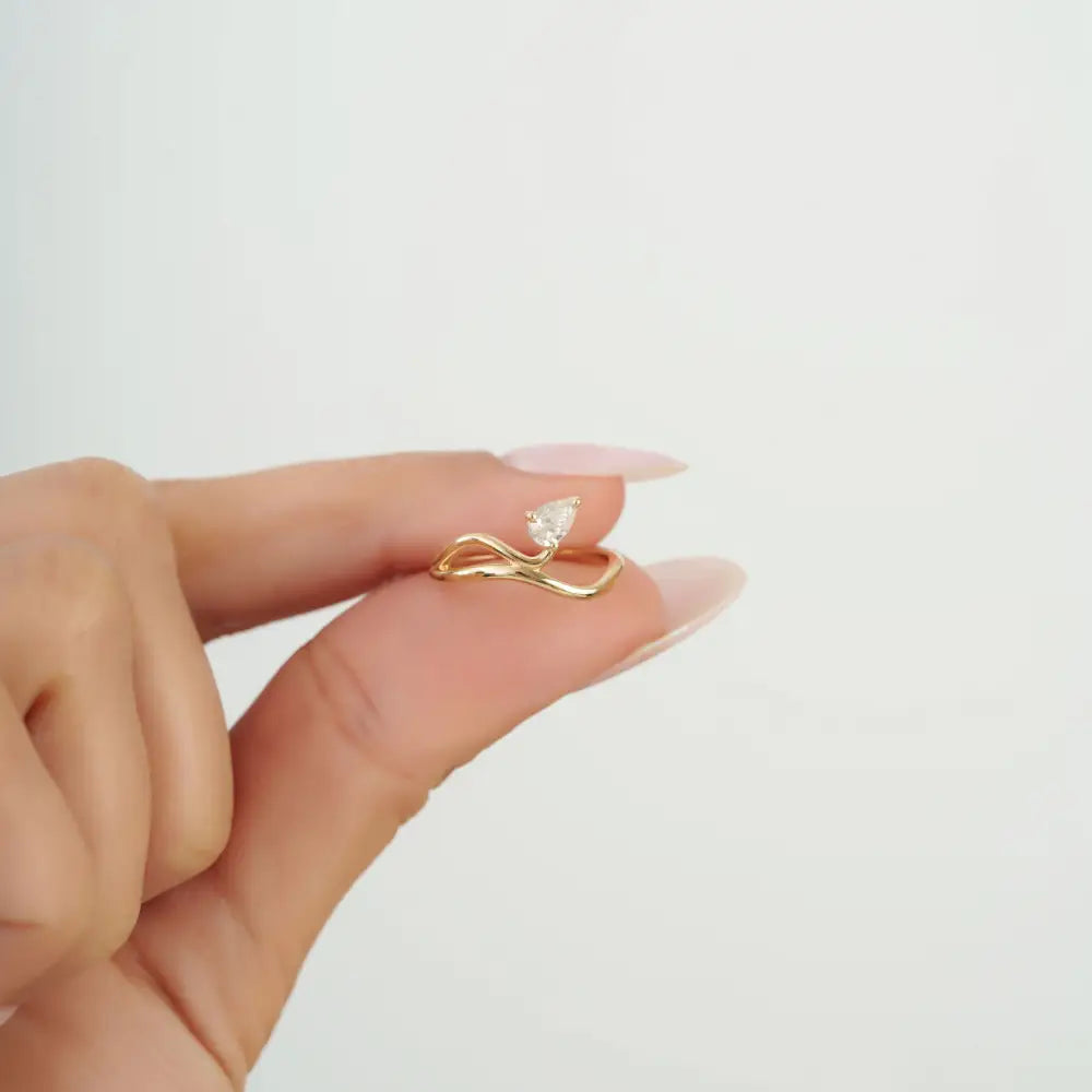 Unique Design 14K Yellow Gold Natural Diamond Double Wavy Band Pinky Ring For Girls