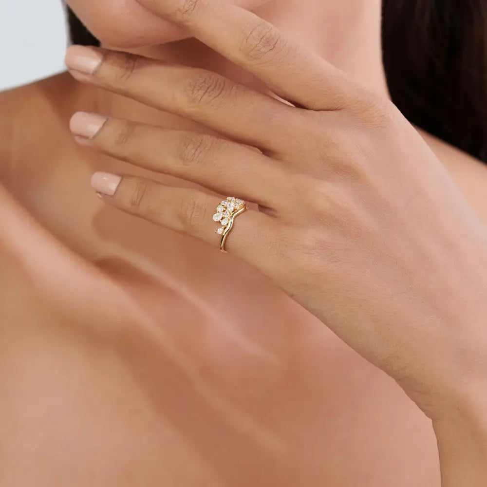 100% Natural Diamond K14 Yellow Gold Wavy Band Pinky Ring Unique Minimal Bulk Jewelry