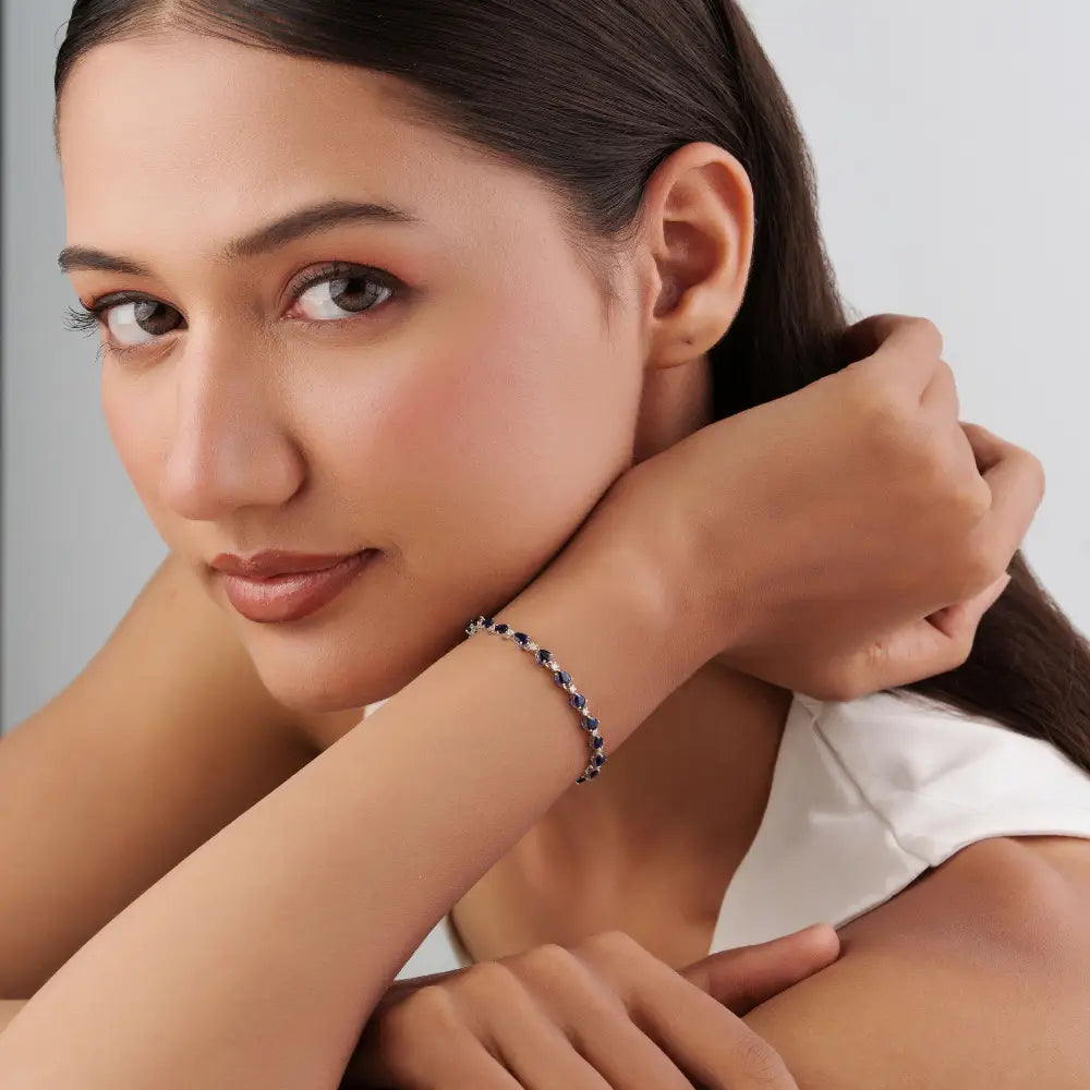 Elegant Classic Style Blue Sapphire & Diamond Stacking Tennis Bracelet Solid K14 White Gold