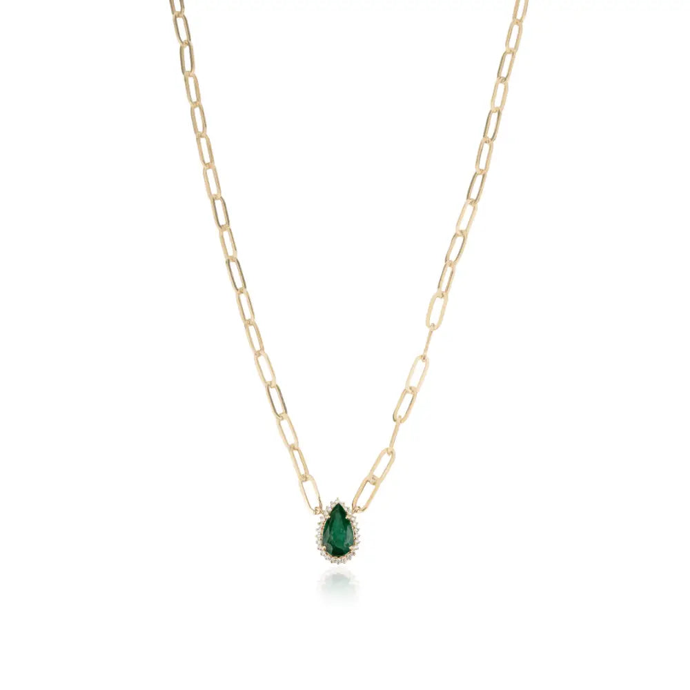 K14 Yellow Gold Emerald & Diamond Paperclip Chain Pear Shape Cluster Pendant Necklace