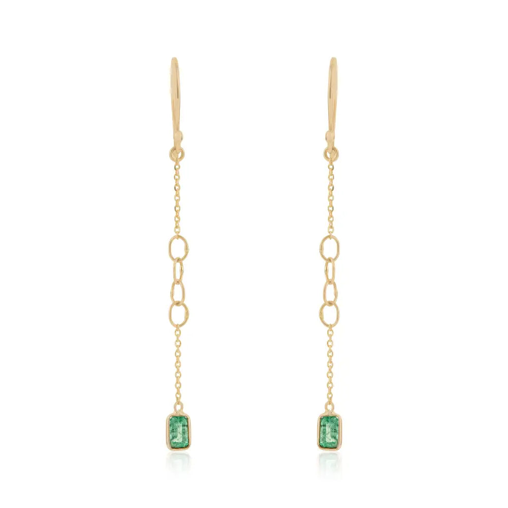 Dainty Simple Design Emerald Link Chain Dangle Earrings Real K14 Yellow Gold Bulk Jewelry