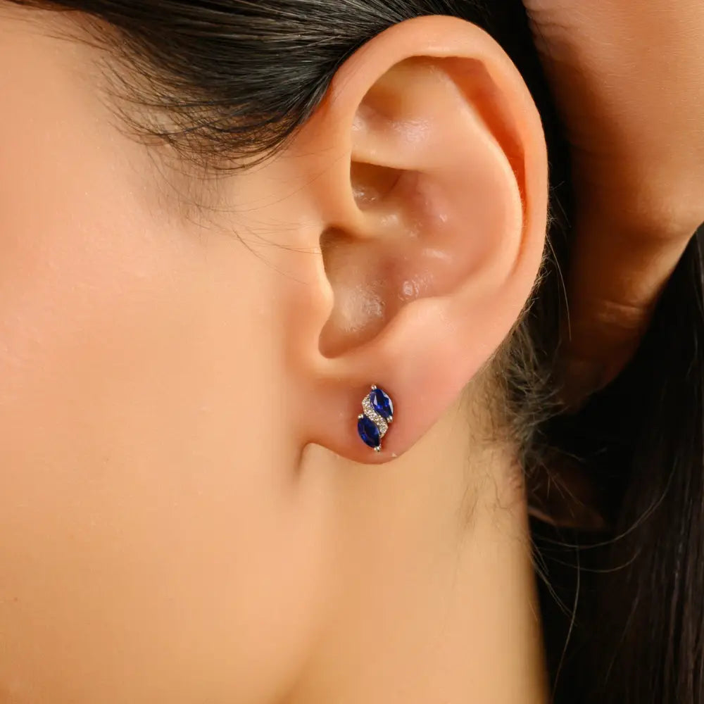 September Birthstone Blue Sapphire & Diamond Minimal Stud Earrings 14K Solid Gold Jewelry