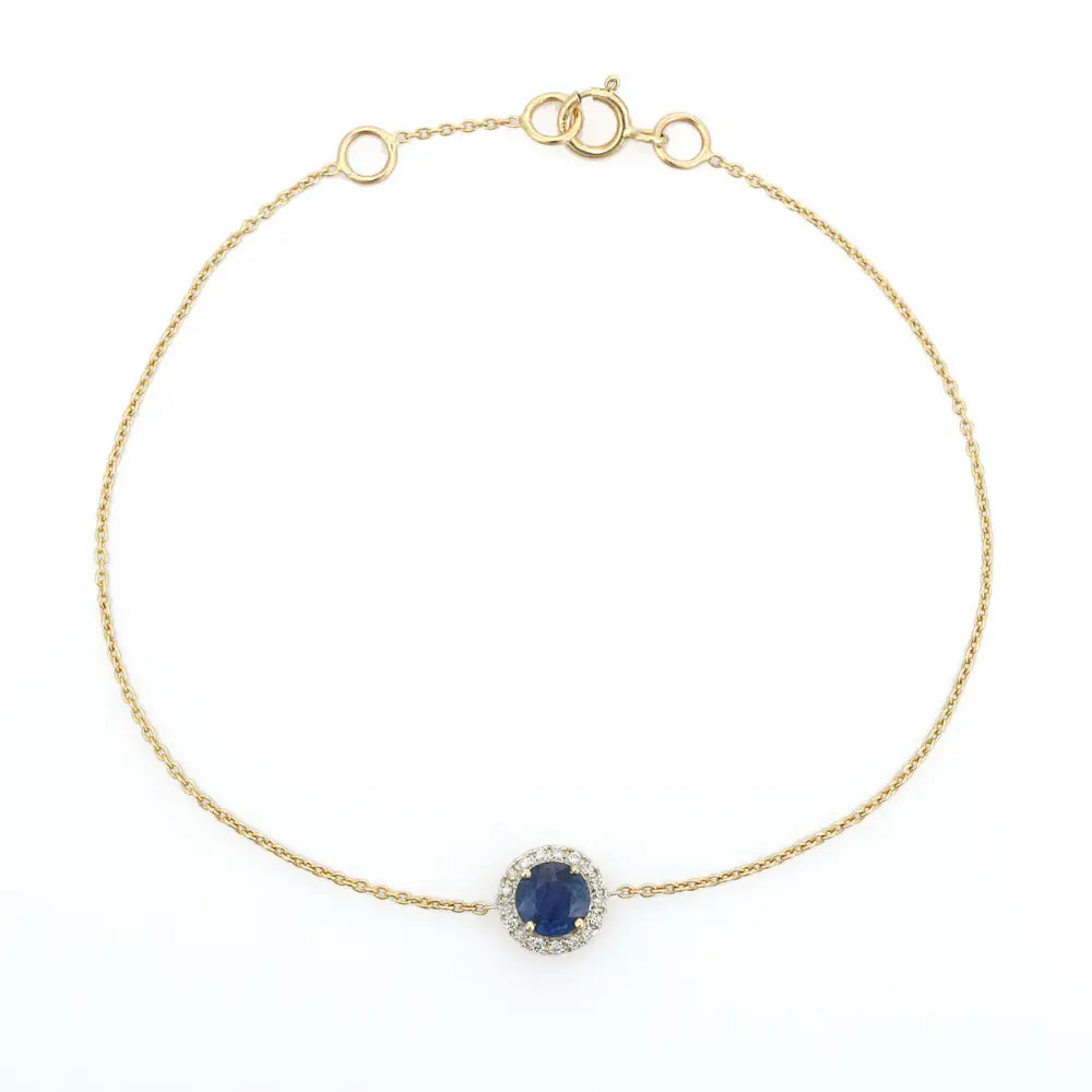Precious Gemstone Round Cut Blue Sapphire & Diamond Halo Single Stone Bracelet 14K Gold