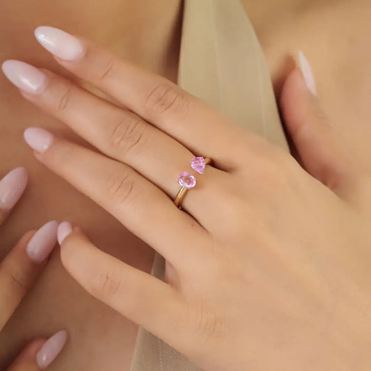 Simple Design Pink Sapphire Toi et Moi Open Ring Stackable 14K Yellow Gold Bulk Jewelry