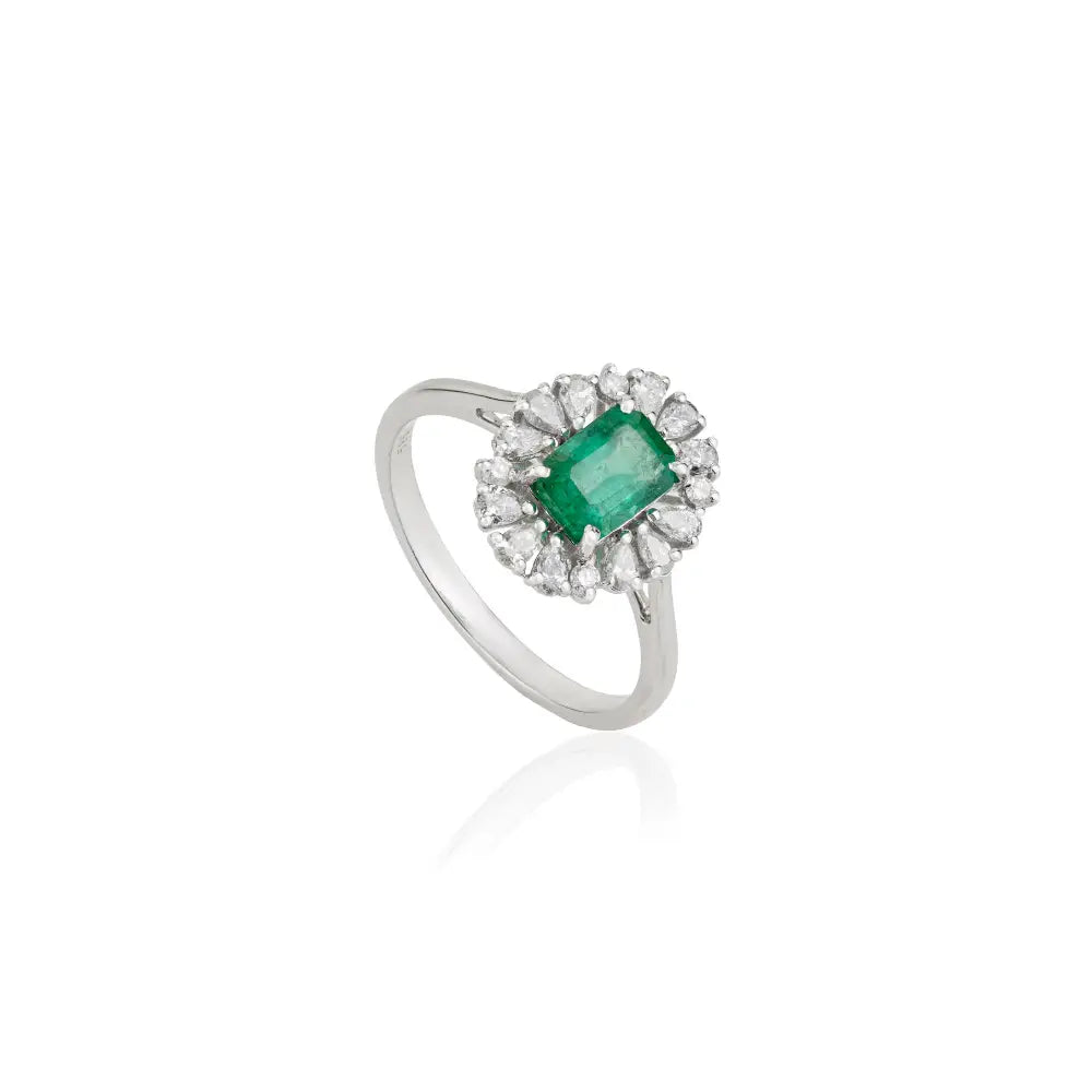 Newly Design 14K Real White Gold Emerald & Diamond Cluster Ring Fine Gemstone Jewelry