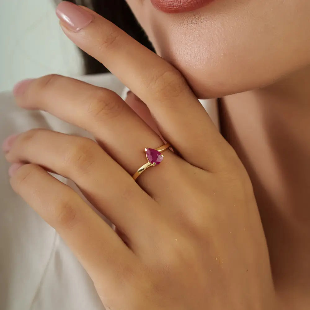 Pear Shape Ruby Single Stone Ring Solid K14 Yellow Gold Customized Elegant Jewelry