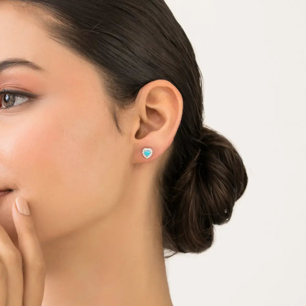 14K Real White Gold Turquoise & Diamond Heart Shape Halo Stud Earrings Daily Wear Jewelry
