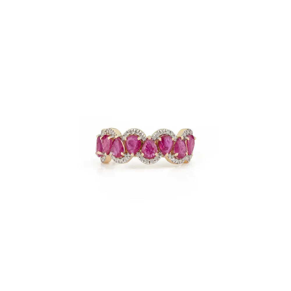 Wave Design Half Eternity Band Ring Featuring Real Ruby & Diamond 14K Solid Gold Jewelry