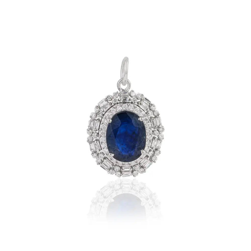 Fine Customized Solid K14 White Gold Blue Sapphire & Diamond Cluster Pendant For Wedding
