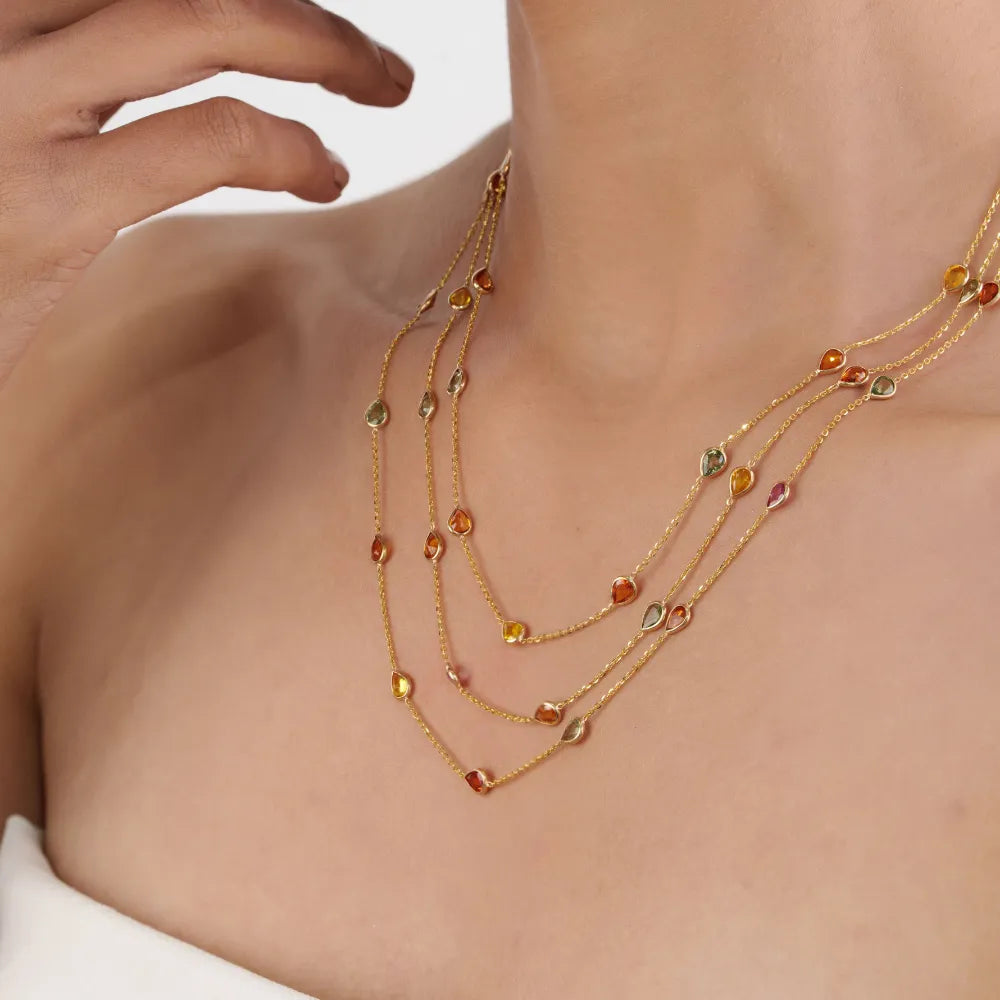 Colorful Gemstone Multi Sapphire Solid K18 Yellow Gold Triple Layer Station Chain Necklace Wedding Jewelry
