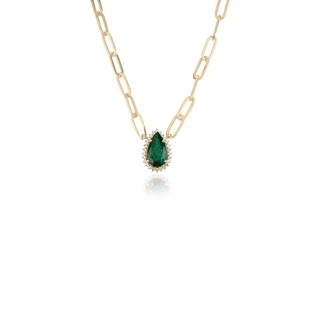 K14 Yellow Gold Emerald & Diamond Paperclip Chain Pear Shape Cluster Pendant Necklace