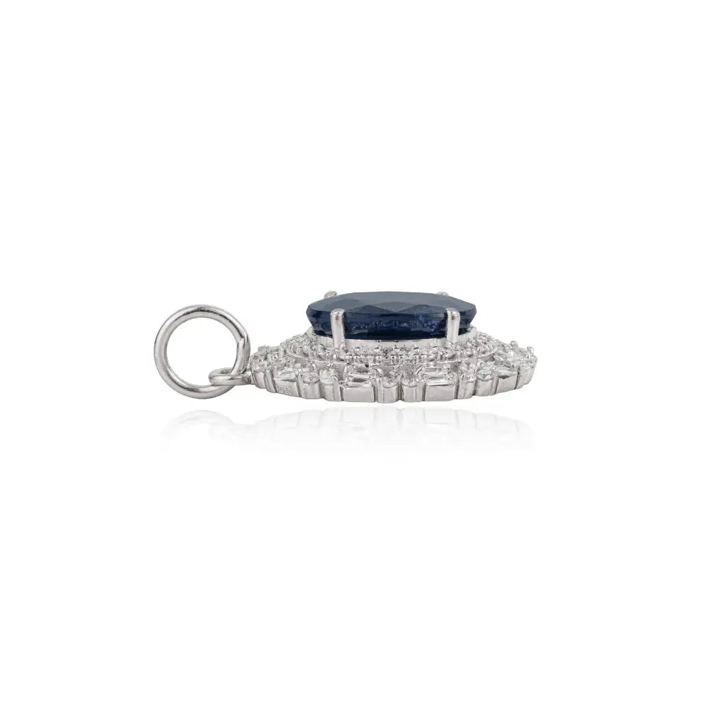 Fine Customized Solid K14 White Gold Blue Sapphire & Diamond Cluster Pendant For Wedding