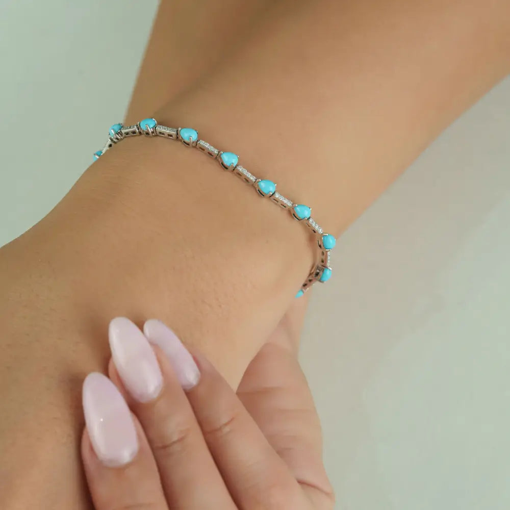 Fine Turquoise & Diamond Sleek Stacking Tennis Bracelet For Unisex 14K White Gold Jewelry