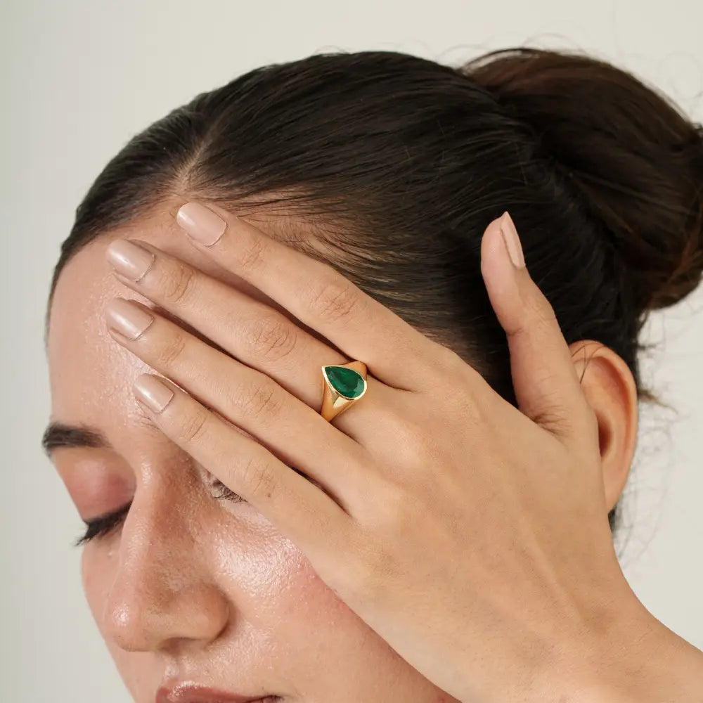 Custom Design K18 Yellow Gold Real Emerald Statement Chunky Ring For Men's Jewelry