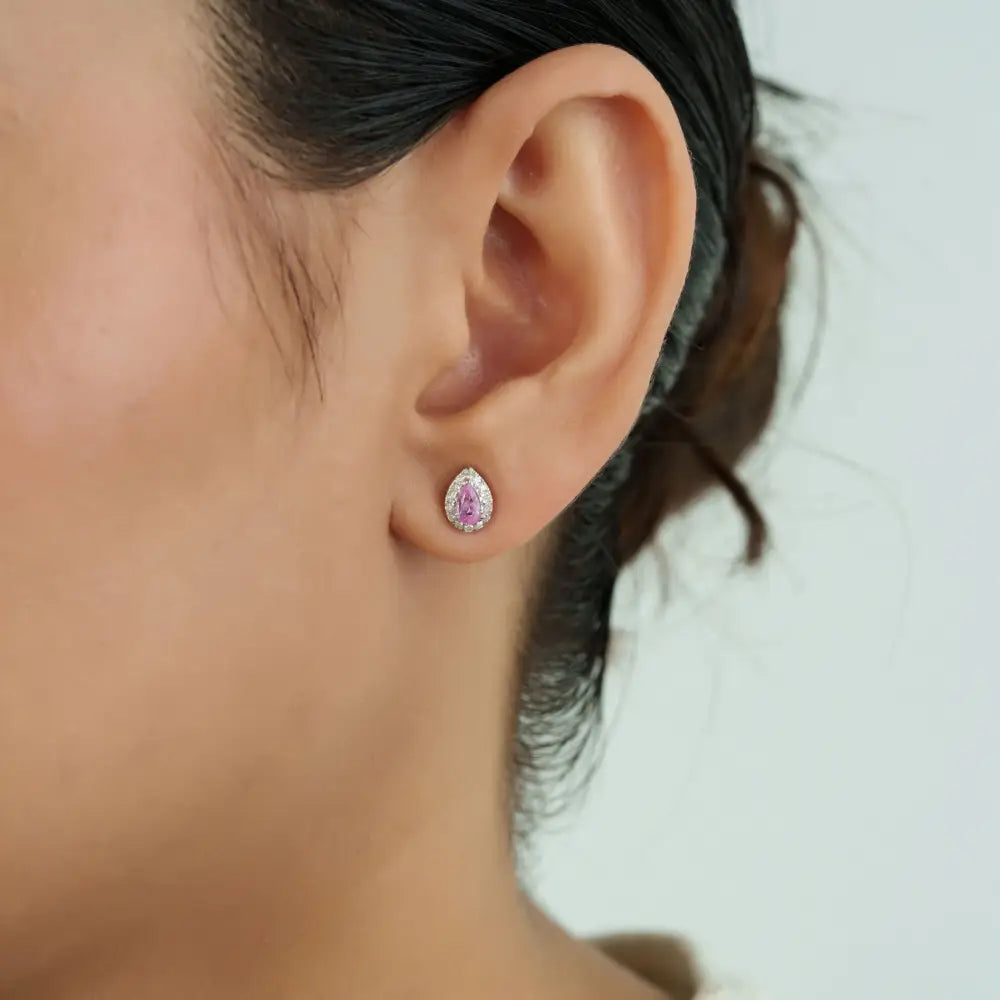 Newly Pink Sapphire & Diamond Solid K18 White Gold Small Halo Stud Earrings Fine Jewelry