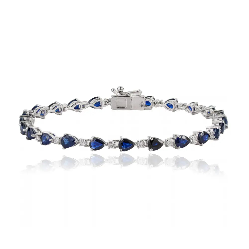 Elegant Classic Style Blue Sapphire & Diamond Stacking Tennis Bracelet Solid K14 White Gold