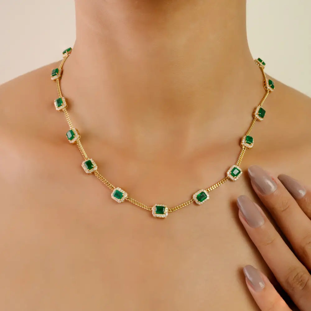 14K Real Yellow Gold Emerald & Diamond Cuban Link Chain Halo Station Necklace For Wedding