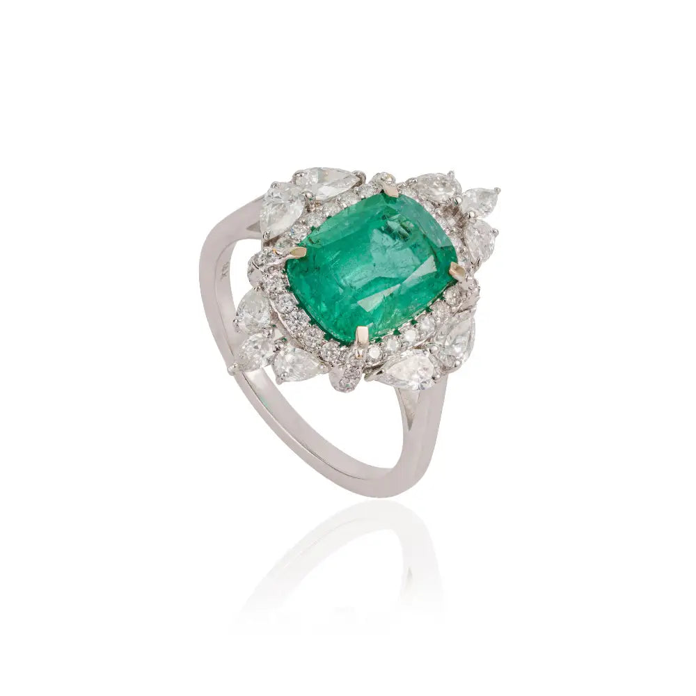 Vintage Inspired 18K Real White Gold Emerald & Diamond Statement Ring For Bridal Jewelry