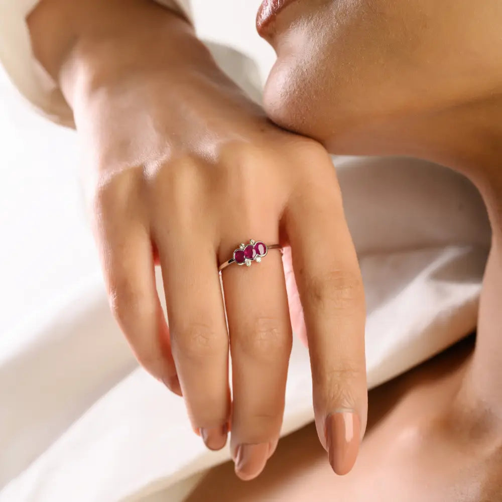 Minimal Elegant Ruby & Diamond 14K Real White Gold Three Stone Ring Women Gift Jewelry