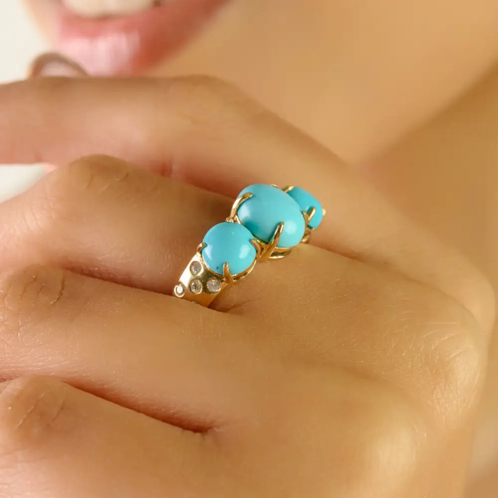 Prong Set Turquoise & Diamond Three Stone Ring 14K Yellow Gold Statement Wedding Jewelry