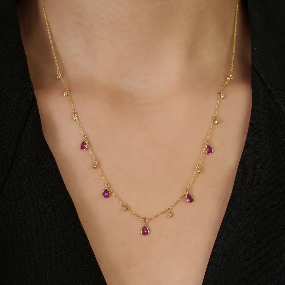 Latest Design Elegant Ruby & Diamond 14K Yellow Gold Charm Chain Necklace For Women