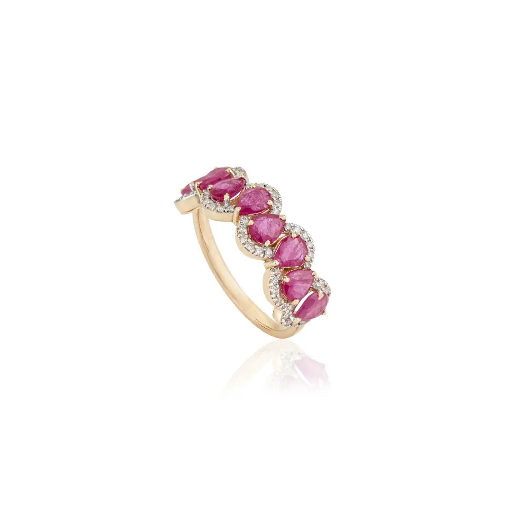 Wave Design Half Eternity Band Ring Featuring Real Ruby & Diamond 14K Solid Gold Jewelry