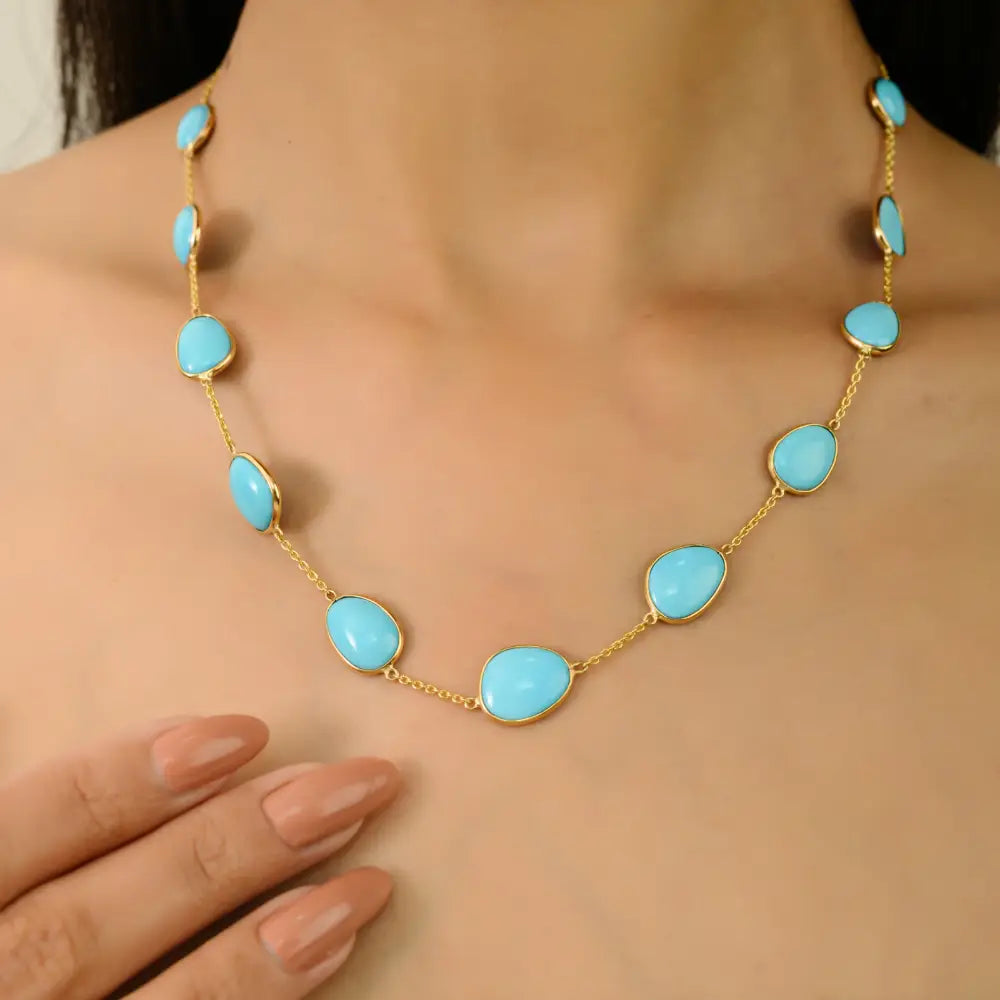 Bezel Set Turquoise Gemstone Station Chain Necklace Stacking Jewelry 14K Solid Yellow Gold