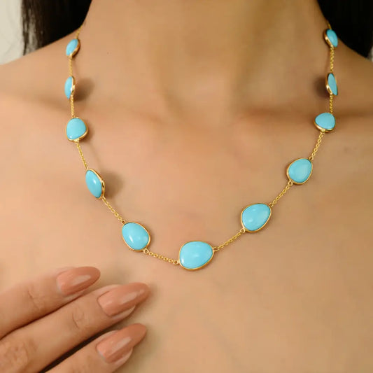Bezel Set Turquoise Gemstone Station Chain Necklace Stacking Jewelry 14K Solid Yellow Gold