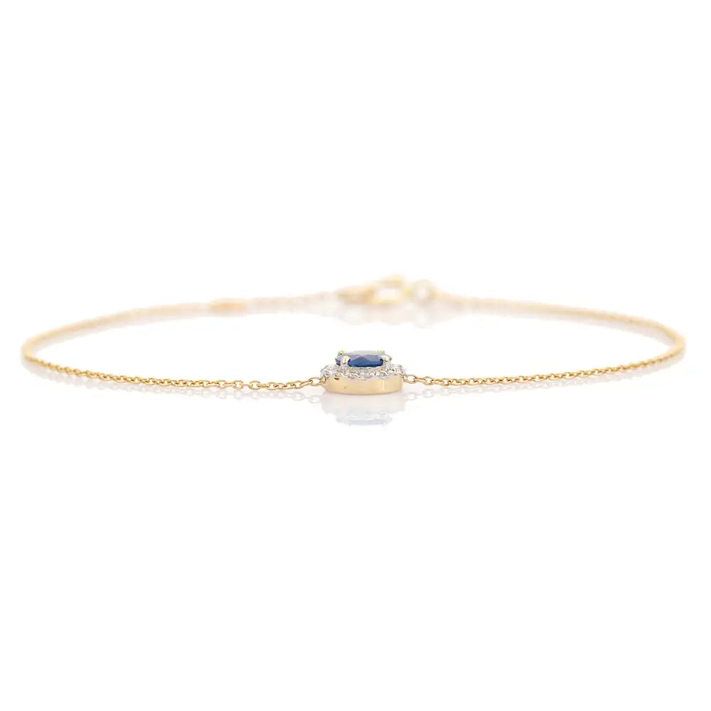 Precious Gemstone Round Cut Blue Sapphire & Diamond Halo Single Stone Bracelet 14K Gold