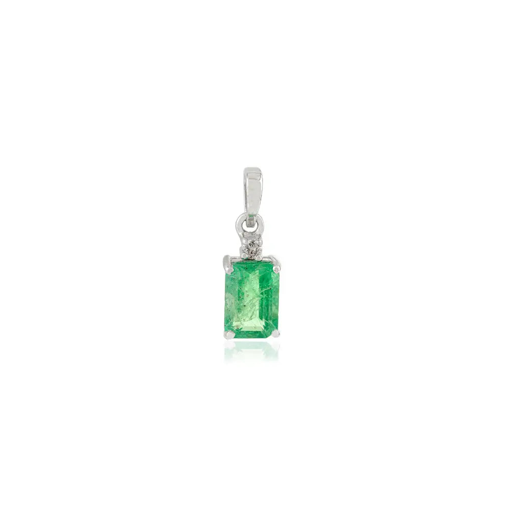 Real 14K White Gold 5x7mm Octagon Cut Emerald & Diamond Minimal Pendant For Unisex